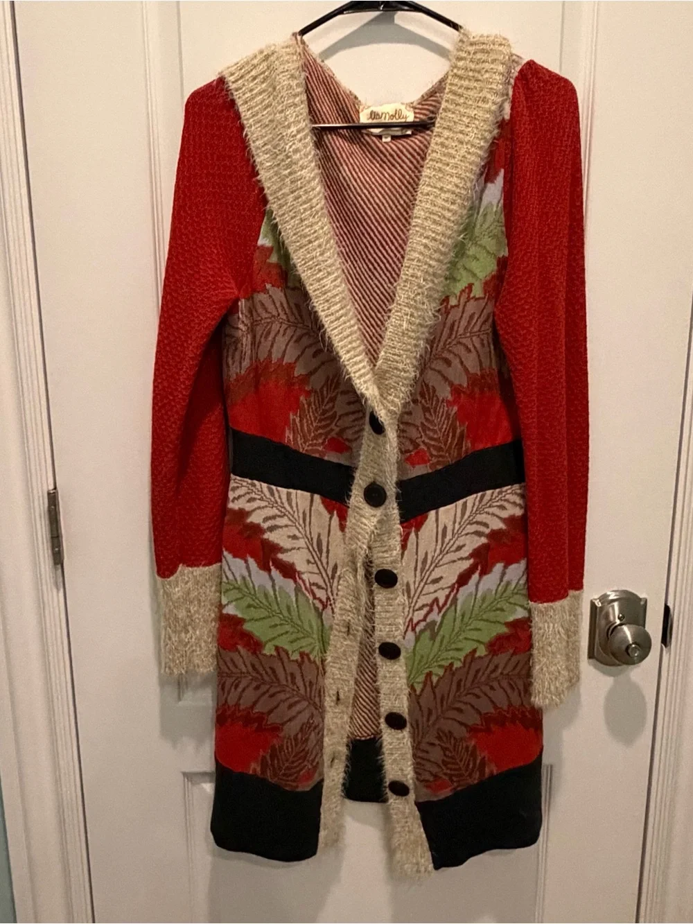 Anthropologie's Lia Molly New Orleans Winter Holiday Red Fern Sweatercoat Size M